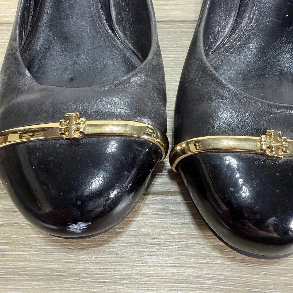Tory Burch Pacey Women's Black Leather Cap Toe Wedge Pumps Size 9M